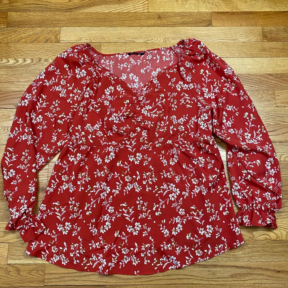 Bloomchic Floral Peplum Blouse Women Size 12 Red Ruffle Sleeve‎ Cottagecore